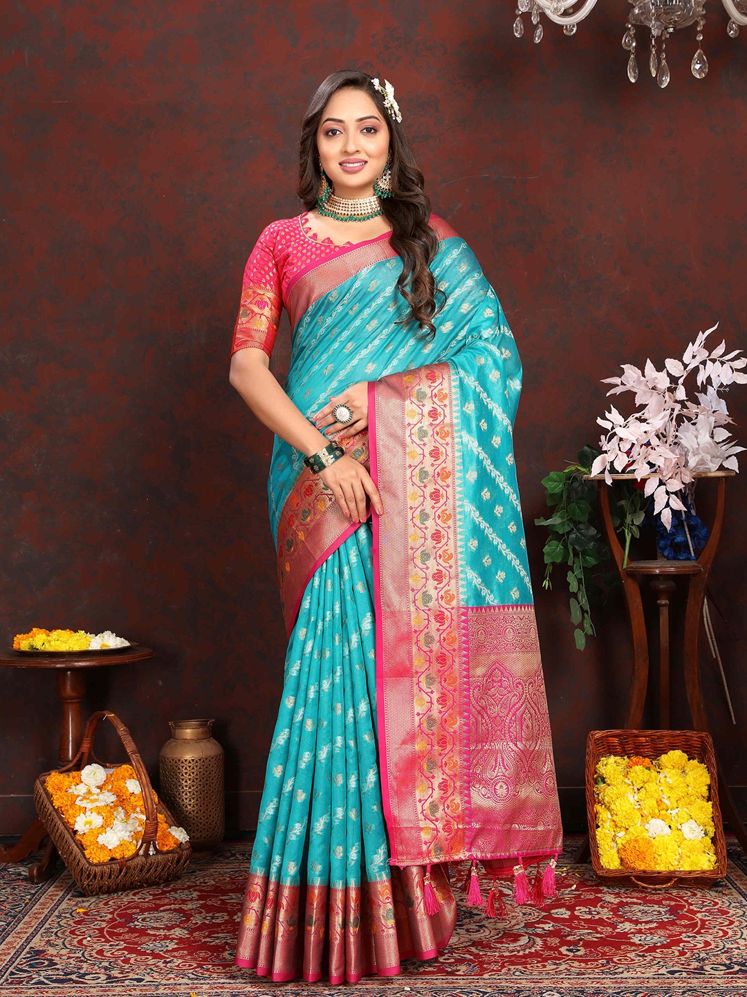 

ZILVIRA Woven Design Zari Organza Leheriya Saree, Turquoise blue