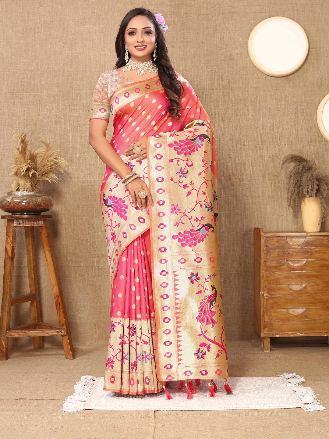 

ZILVIRA Woven Design Zari Pure Silk Heavy Work Paithani Saree With Tassels, Rust