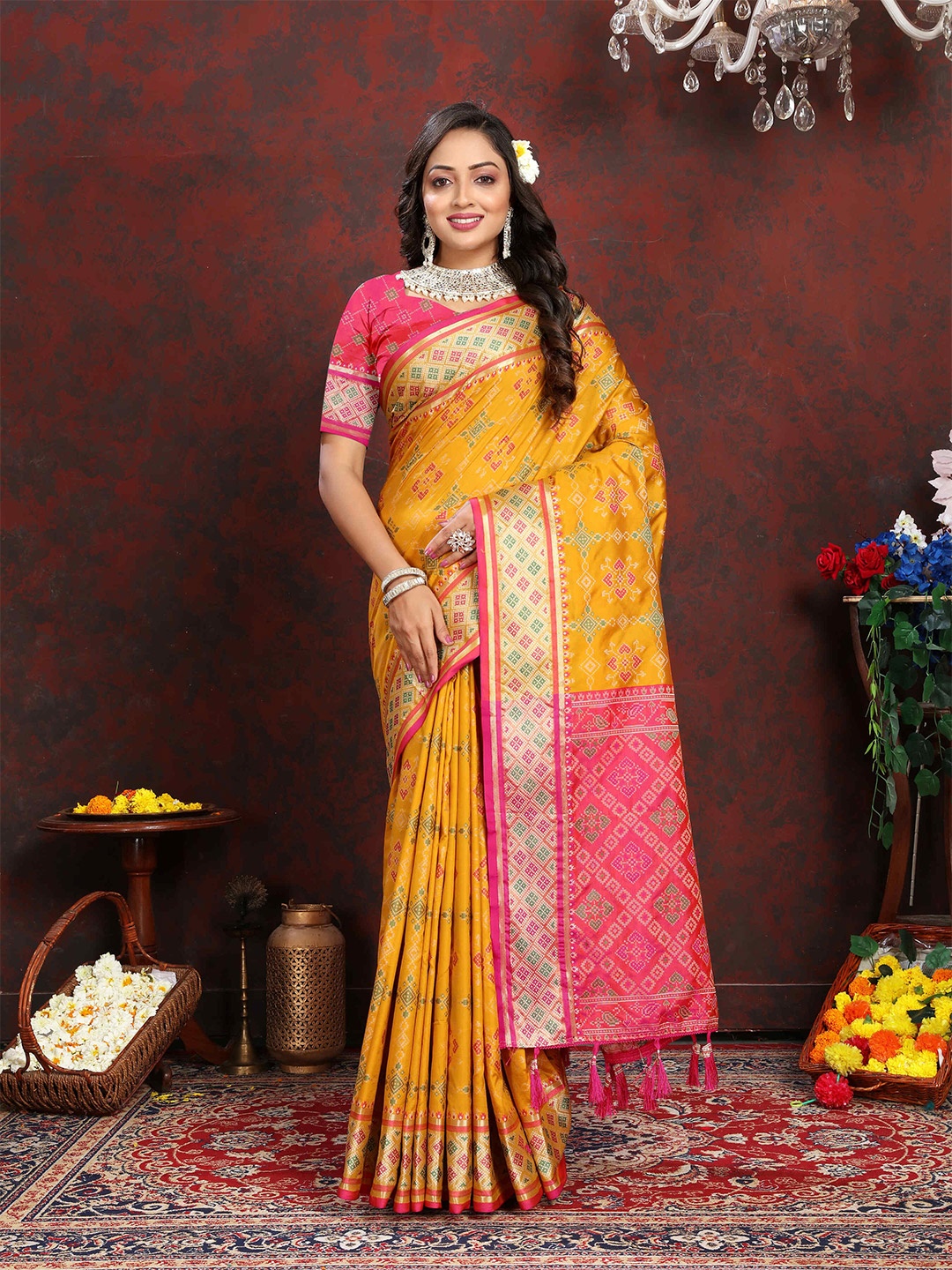 

ZILVIRA Ethnic Motifs Woven Design Zari Patola Saree, Yellow