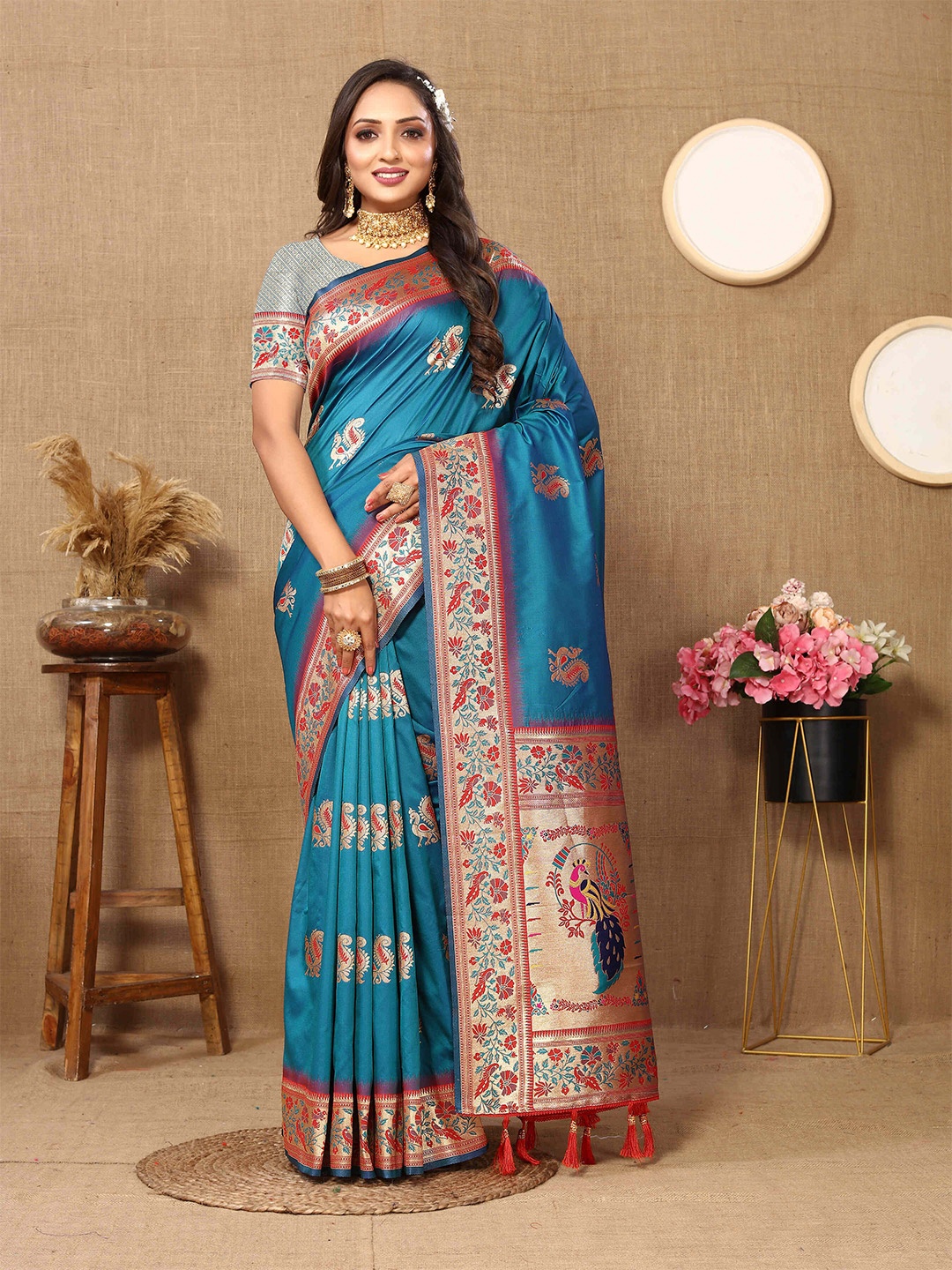 

ZILVIRA Ethnic Motifs Woven Design Zari Pure Silk Paithani Saree, Turquoise blue