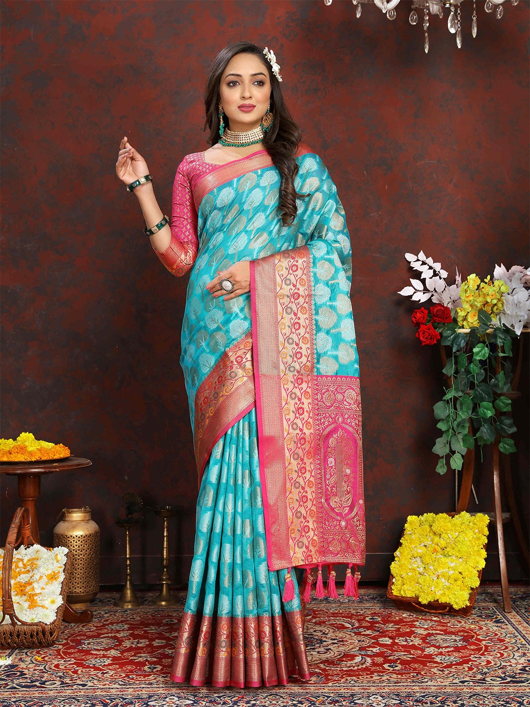 

ZILVIRA Woven Design Zari Organza Banarasi Saree, Turquoise blue