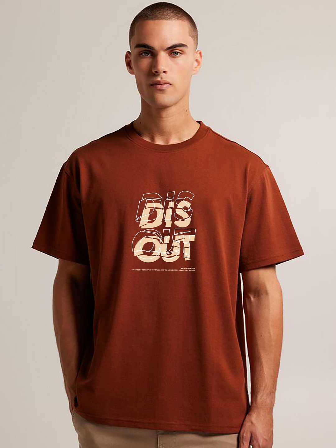 

MISCHIEF MONKEY Typography Printed Short Sleeves Cotton Oversized T-shirt, Coffee brown