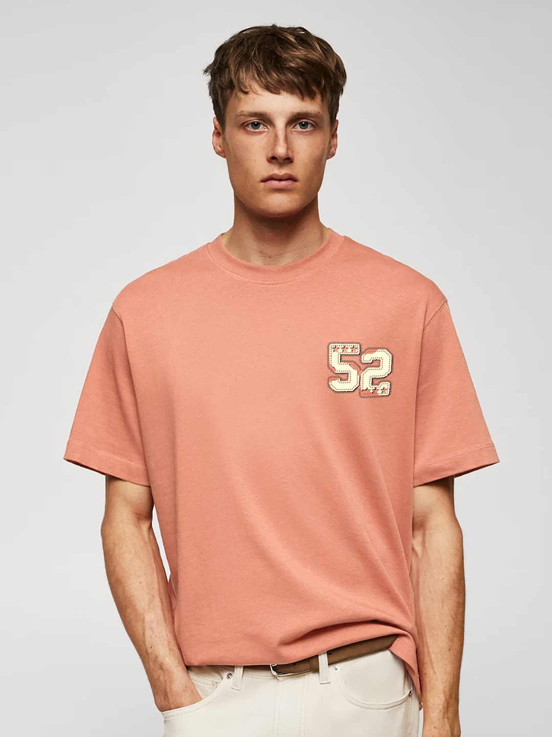 

MISCHIEF MONKEY Round Neck Typography Printed Cotton Oversized T-shirt, Peach