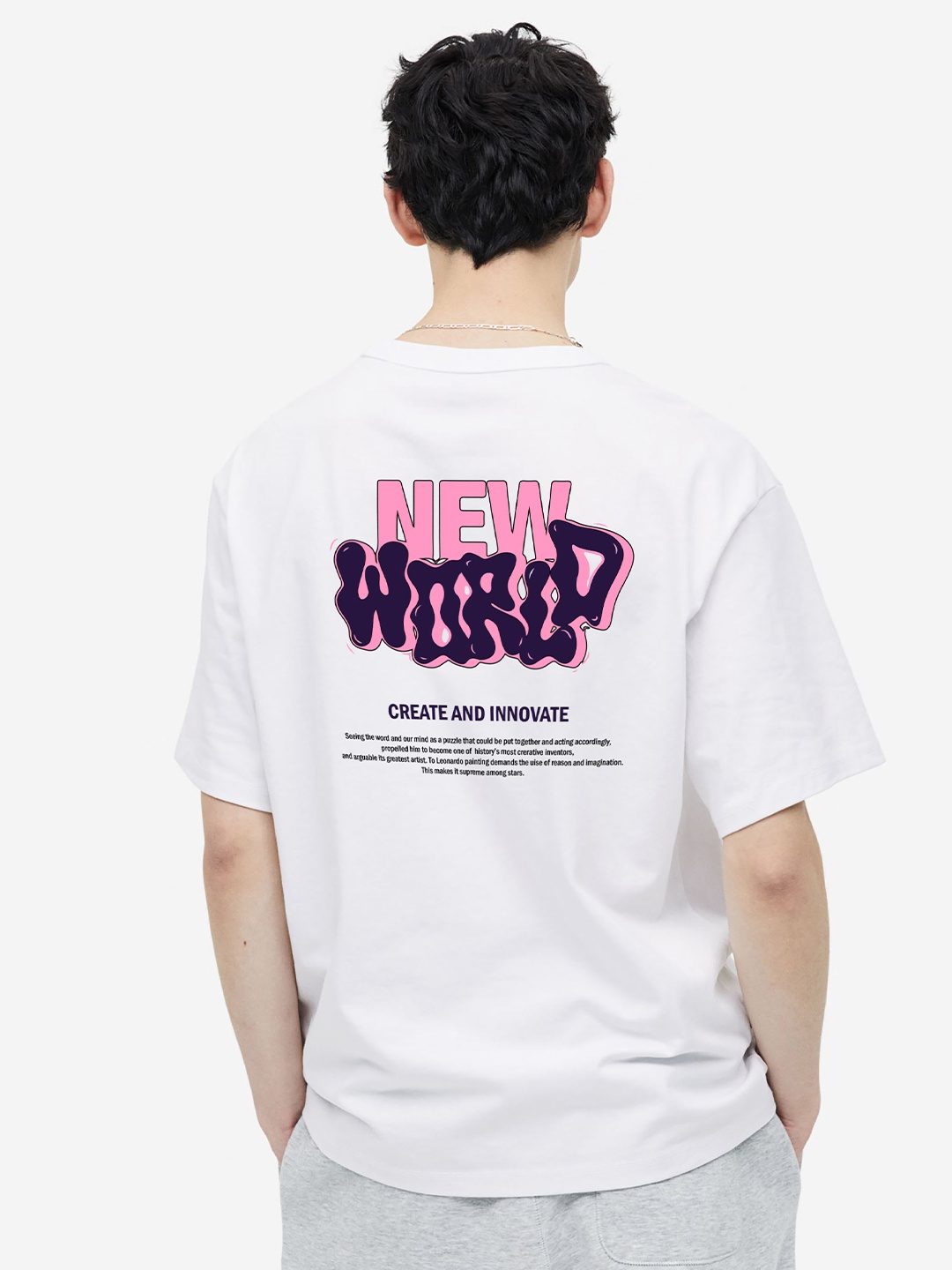 

MISCHIEF MONKEY Typography Printed Round Neck Oversized T-shirt, White