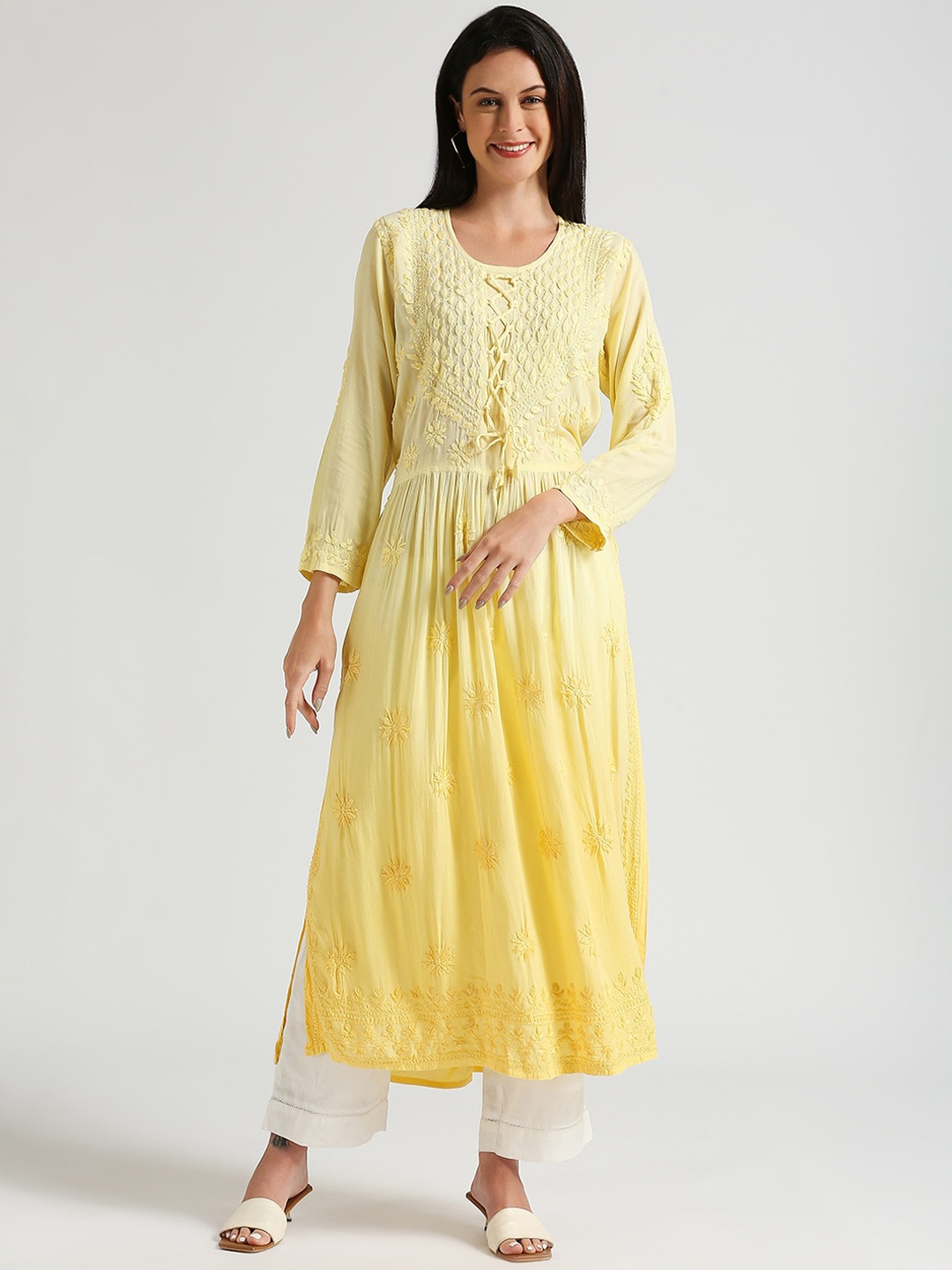 

Indiankala4u Floral Chikankari Pleated Kurta, Yellow