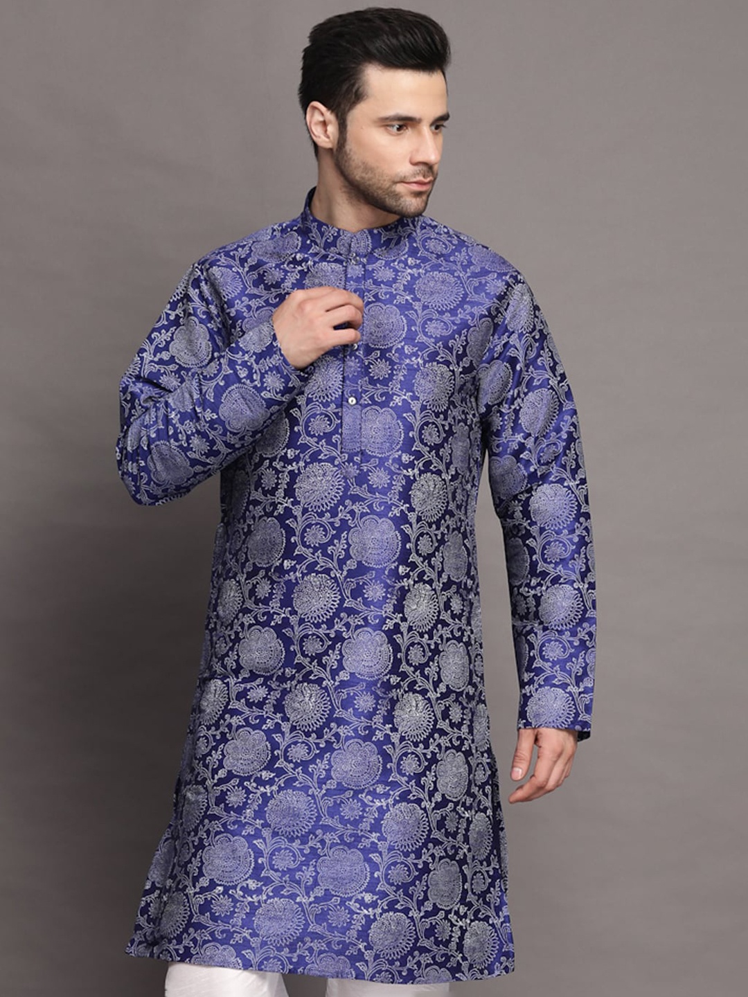 

Utsav Fashion Floral Printed Mandarin Collar Long Sleeves Straight Kurta, Blue