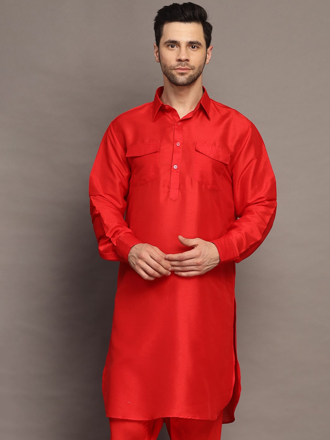 

Utsav Fashion Shirt Collar Long Sleeves Straighr Pathani Kurta, Red