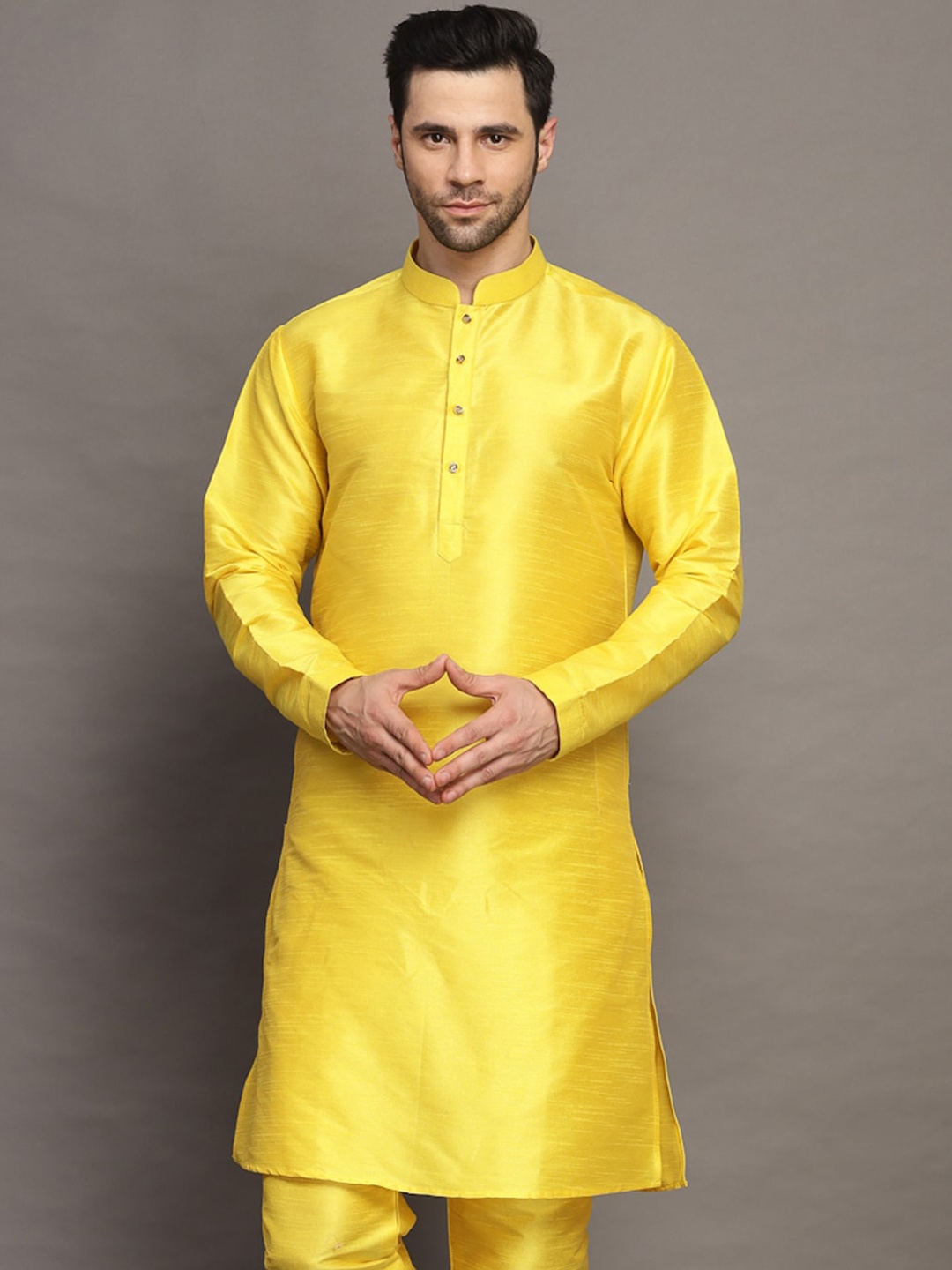 

Utsav Fashion Long Sleeves Mandarin Collar Art Silk Thread Work Summer Sheers Kurta, Yellow