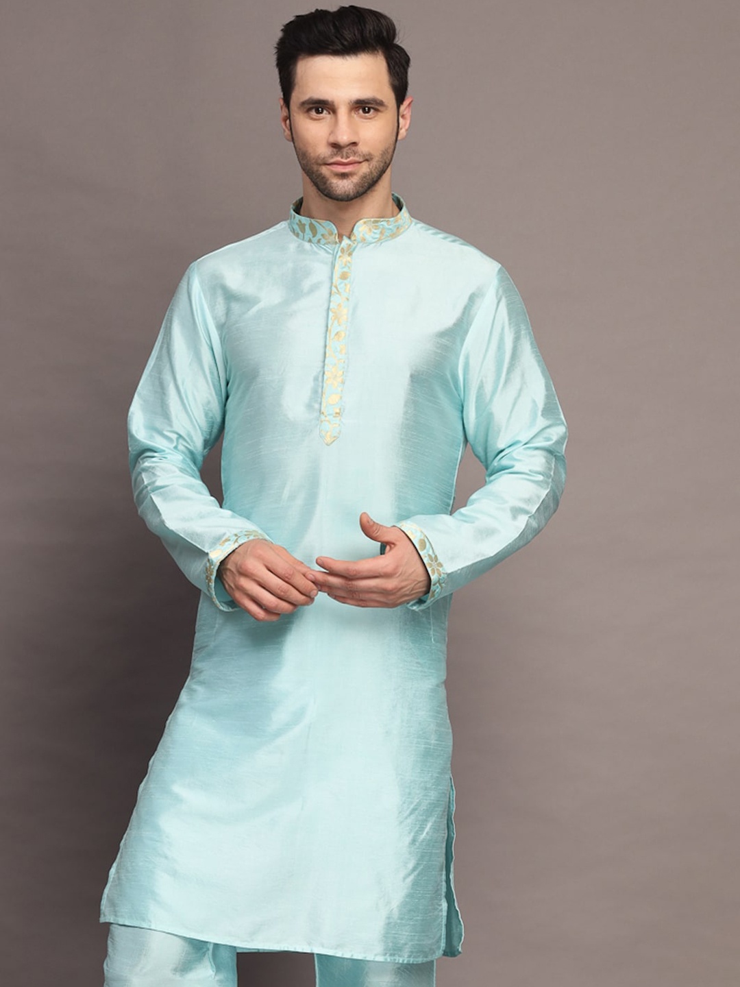 

Utsav Fashion Long Sleeves Mandarin Collar Art Silk Thread Work Kurta, Blue