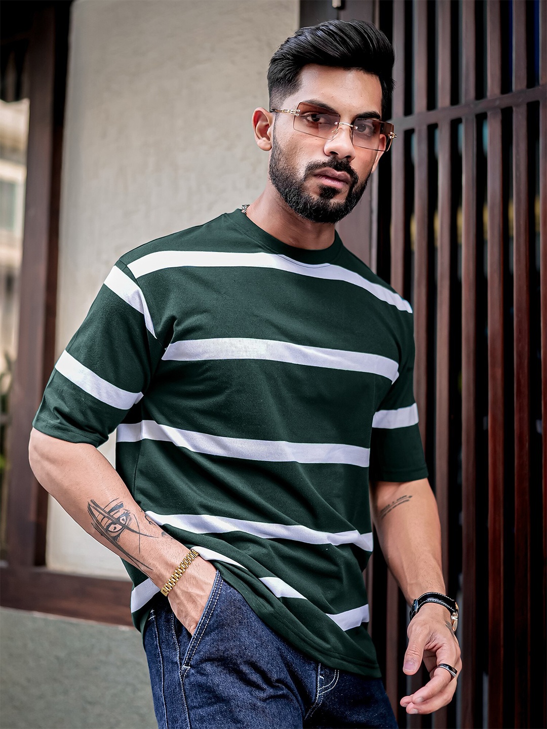 

Maniac Striped Round Neck Oversized Fit T-Shirt, Green