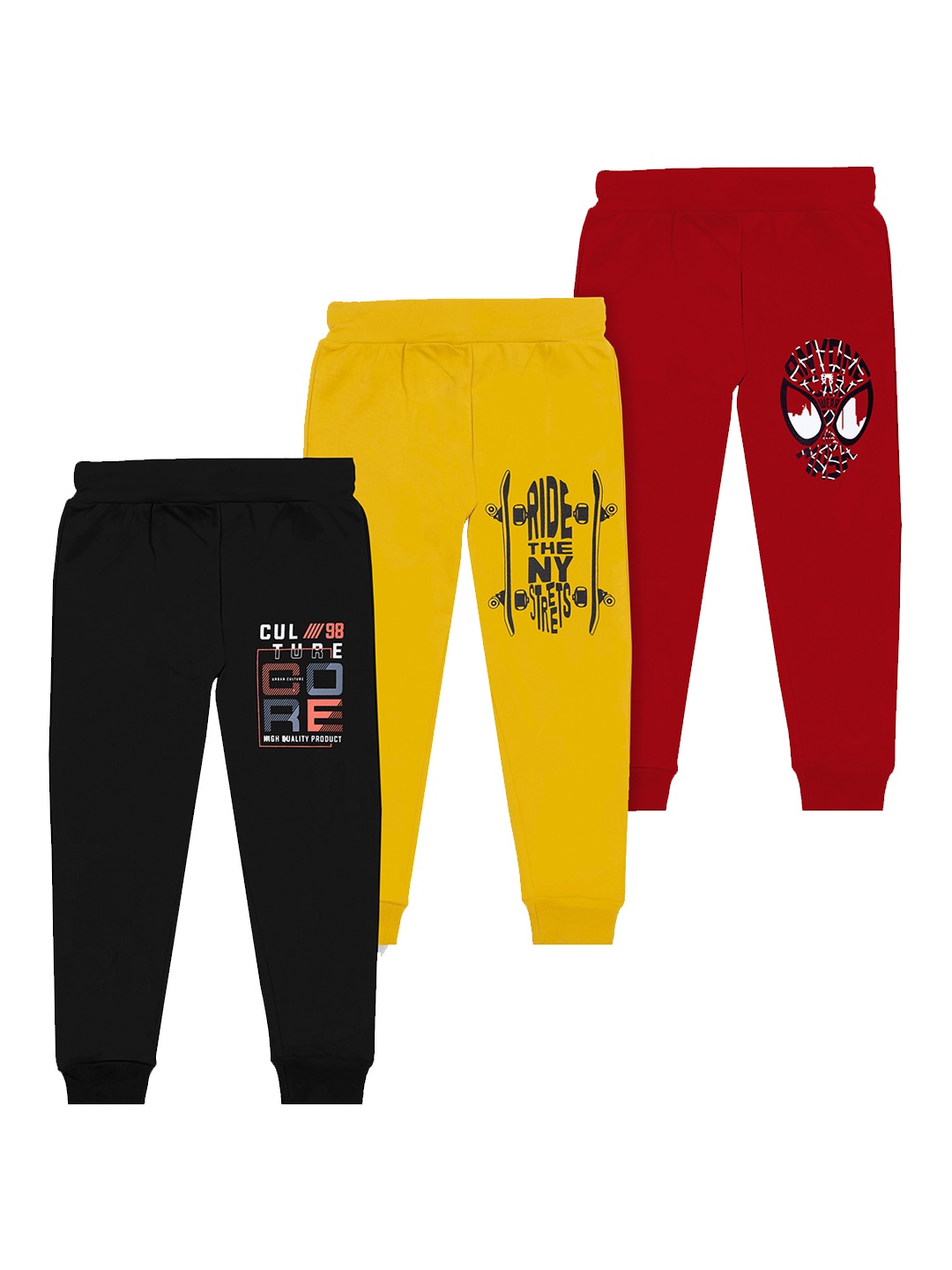 

BAESD Boys Pack Of 3 Typography Printed Cotton Joggers, Yellow