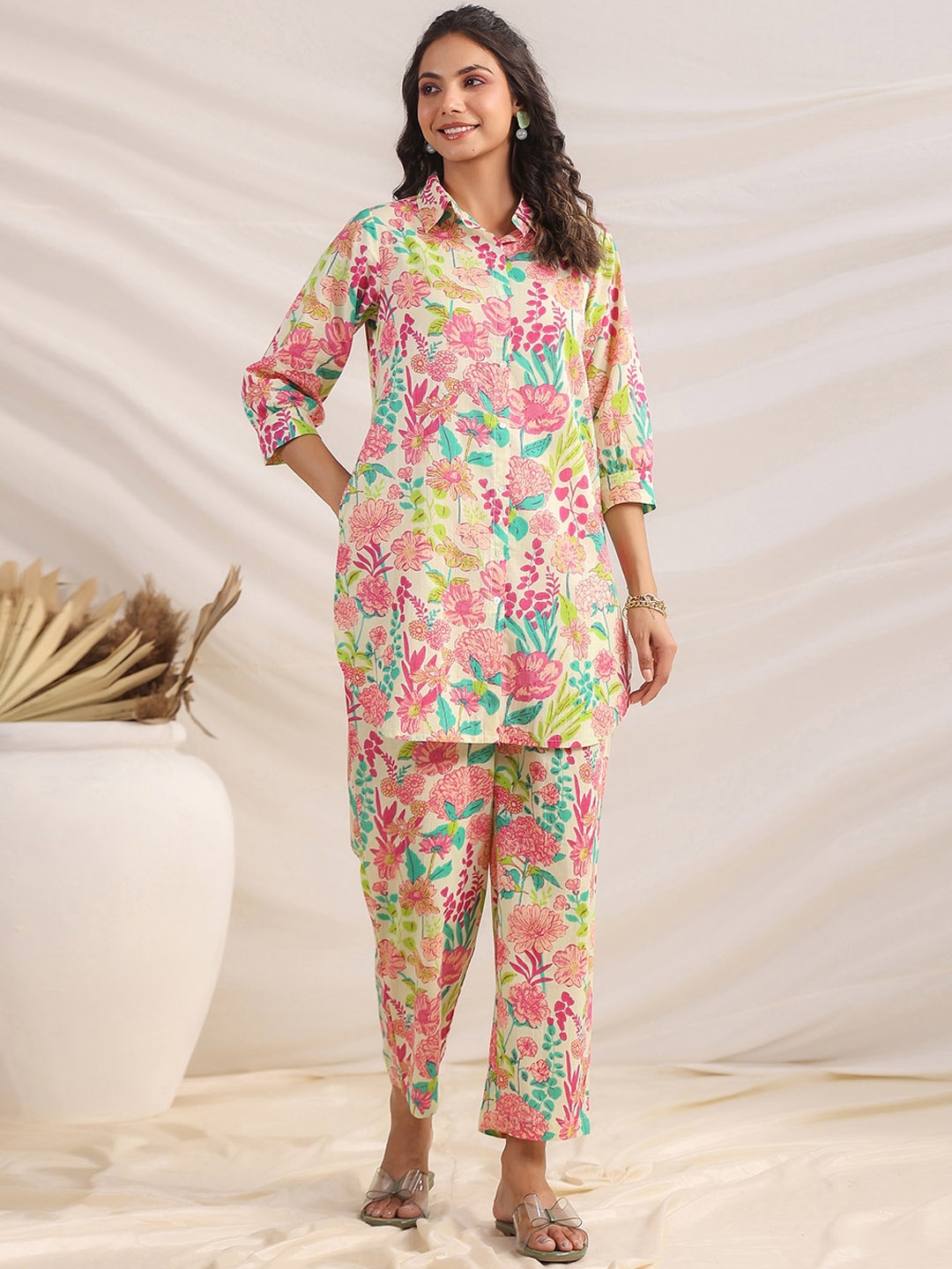 

Janasya Women Cotton Floral Regular Co-ord Set, Beige