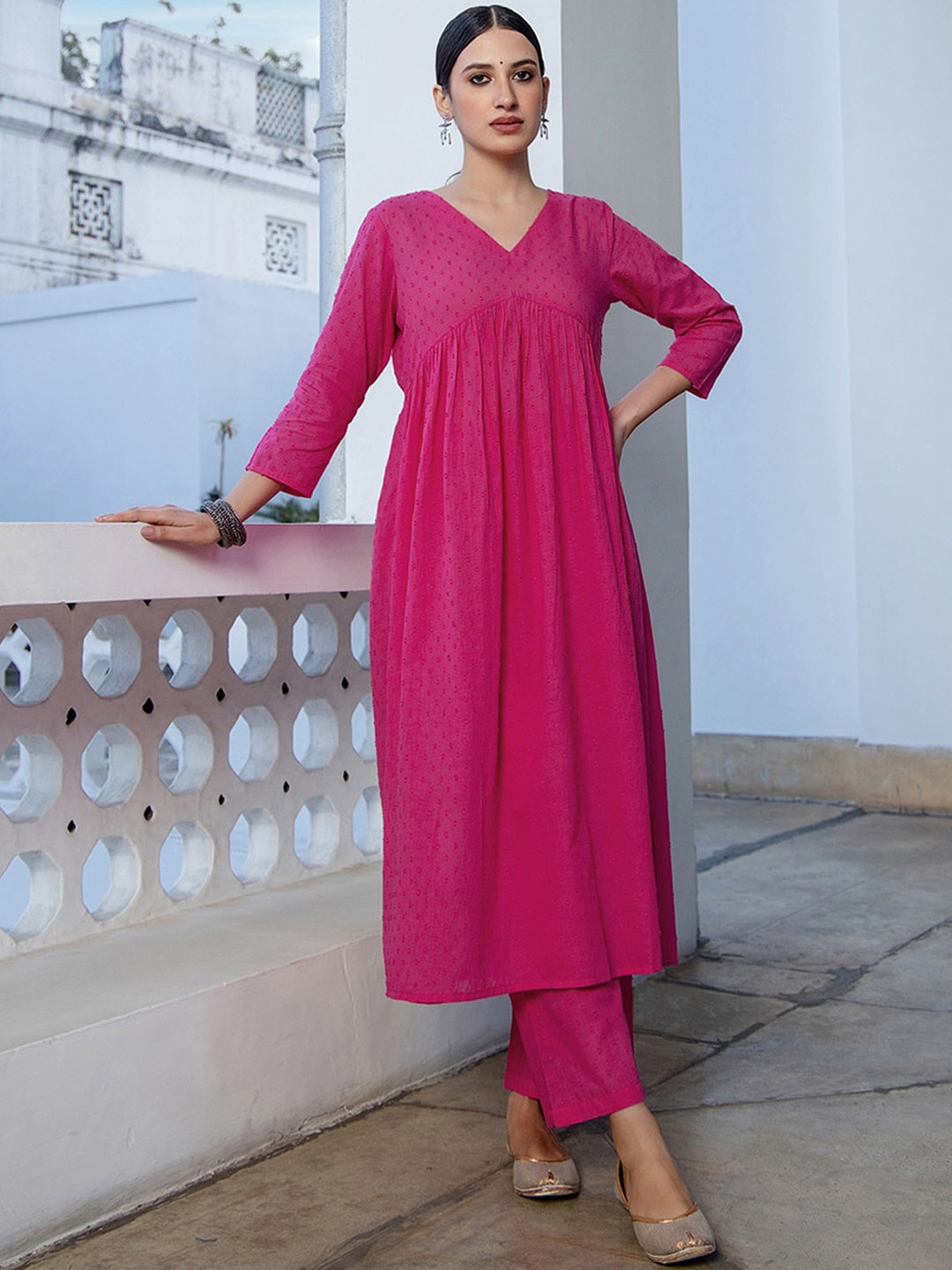 

Janasya Self-Design V-Neck Pure Cotton Empire Anarkali Kurta With Trousers Set, Pink