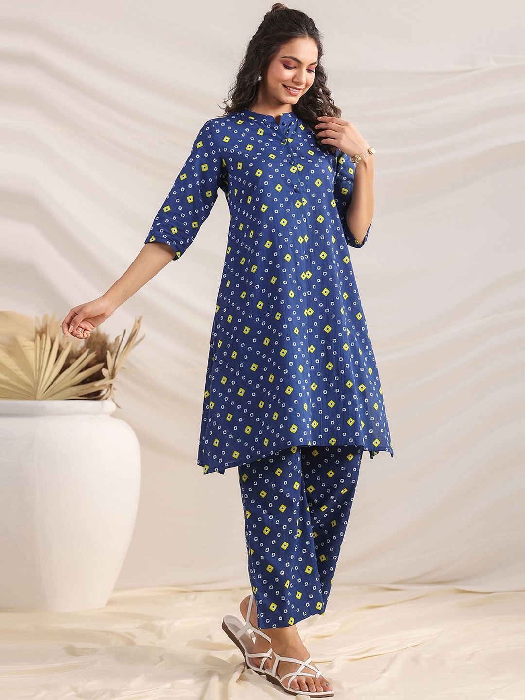 

Janasya Women Cotton Bandhani printed A-Line Co-ord Set, Blue