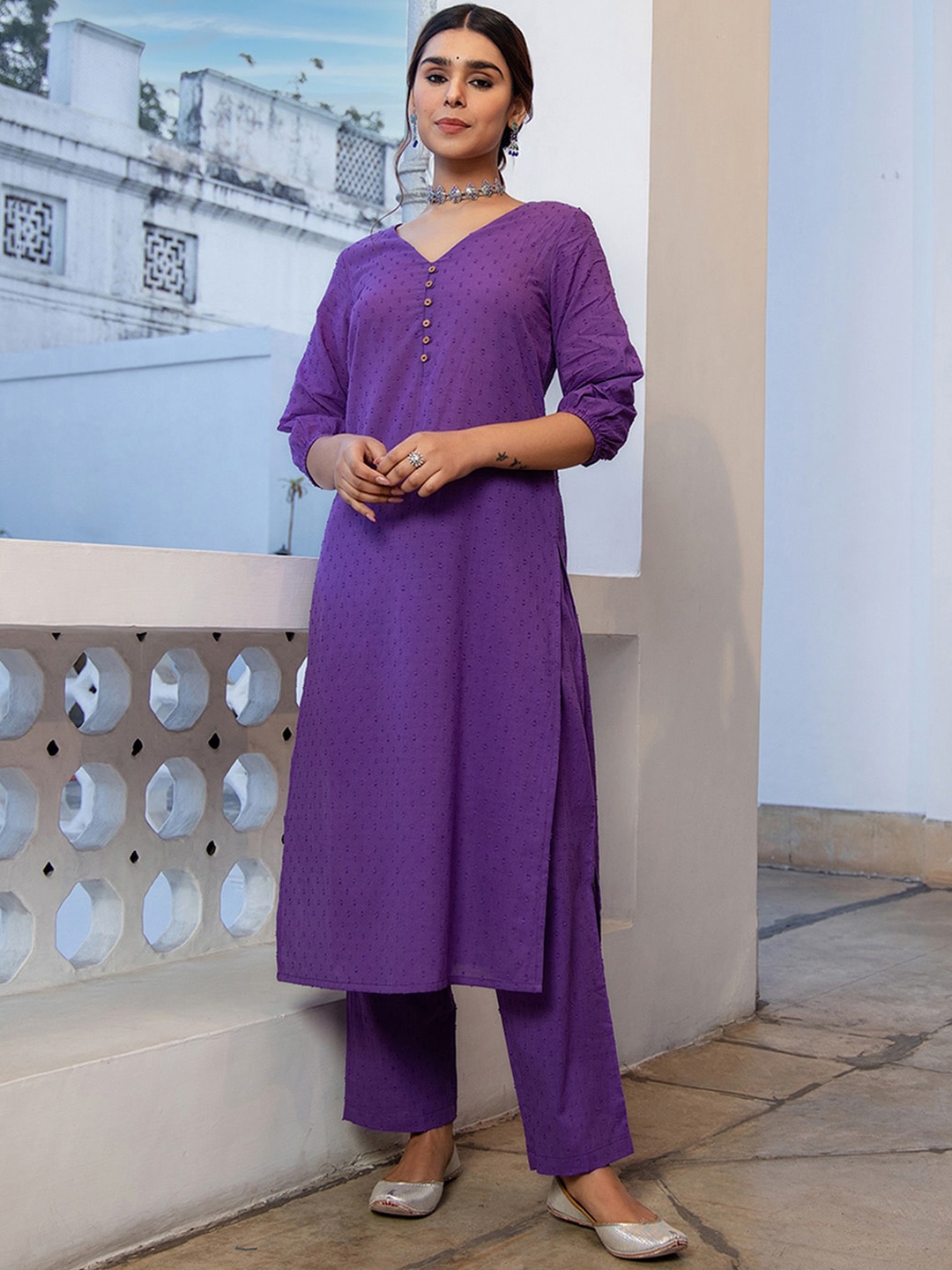

Janasya Self-Design V-Neck Puffed Sleeves Pure Cotton Straight Kurta With Trousers Set, Purple