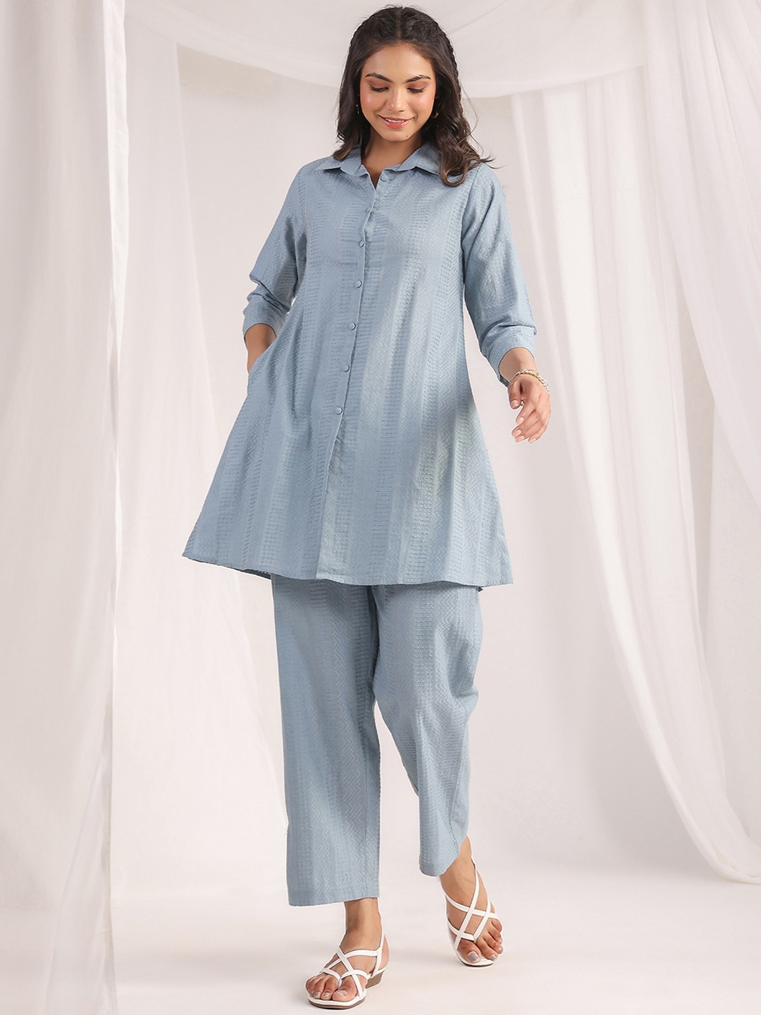 

Janasya Self Design Pure Cotton Jacquard Tunic With Trouser, Grey