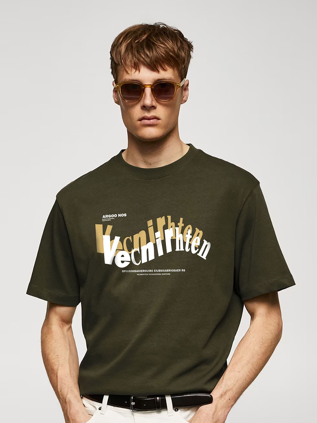 

MISCHIEF MONKEY Typography Printed Cotton T-shirt, Olive