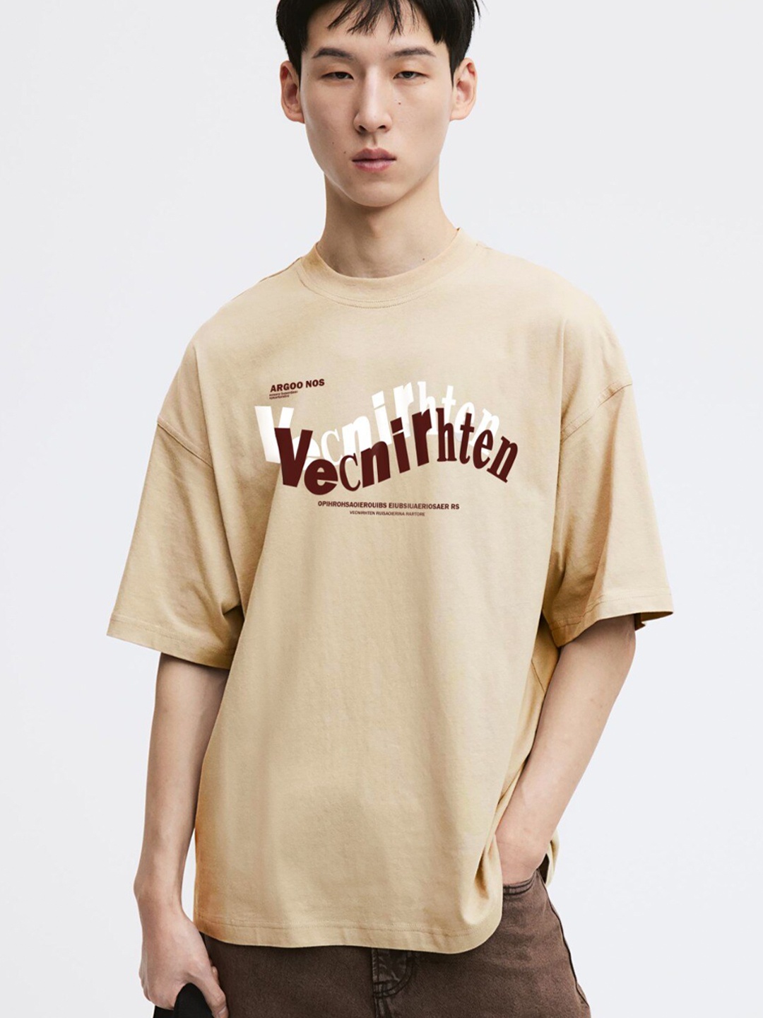 

MISCHIEF MONKEY Typography Printed Cotton T-shirt, Beige