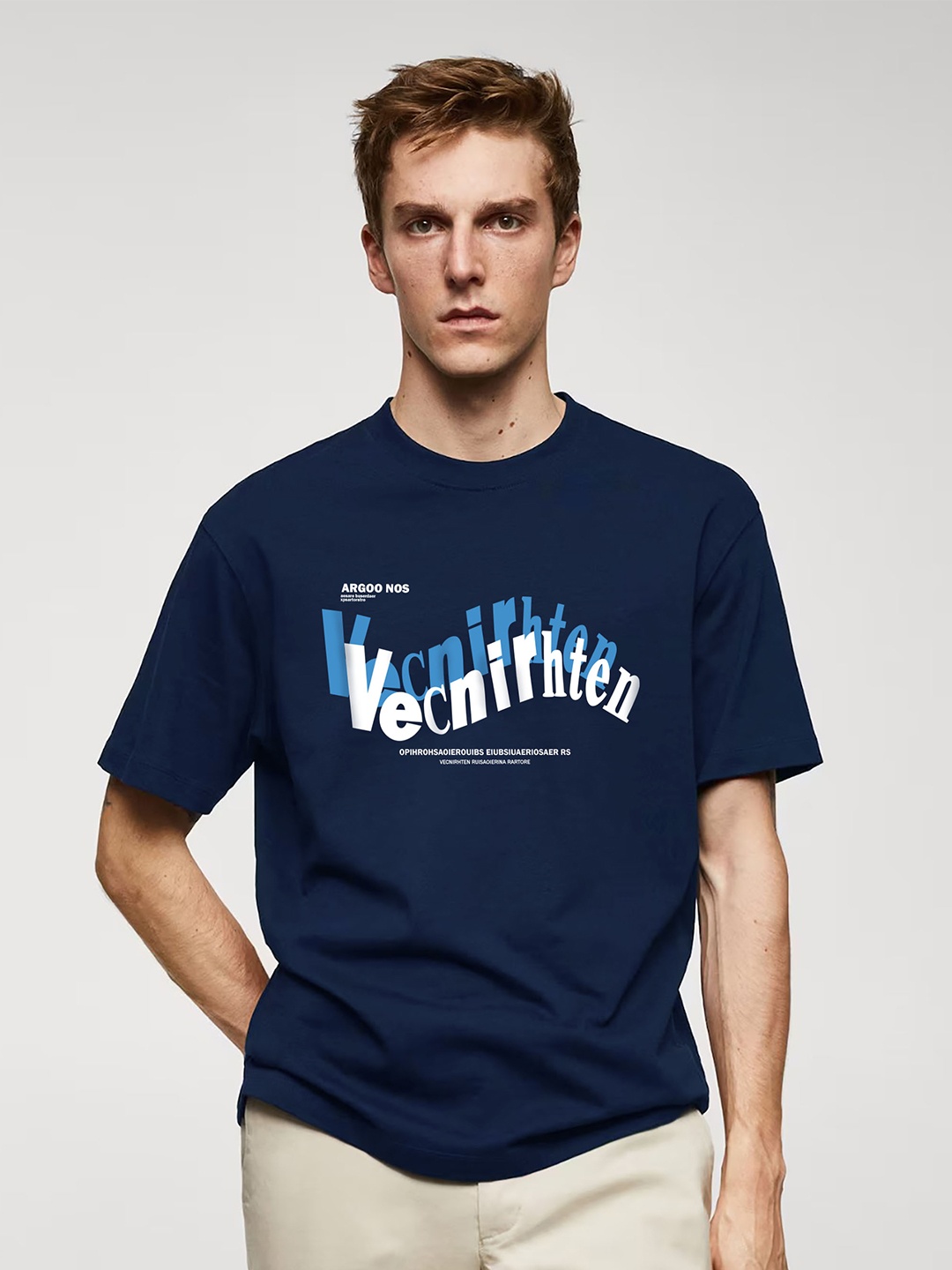 MISCHIEF MONKEY Typography Printed Cotton T-shirt, Navy blue