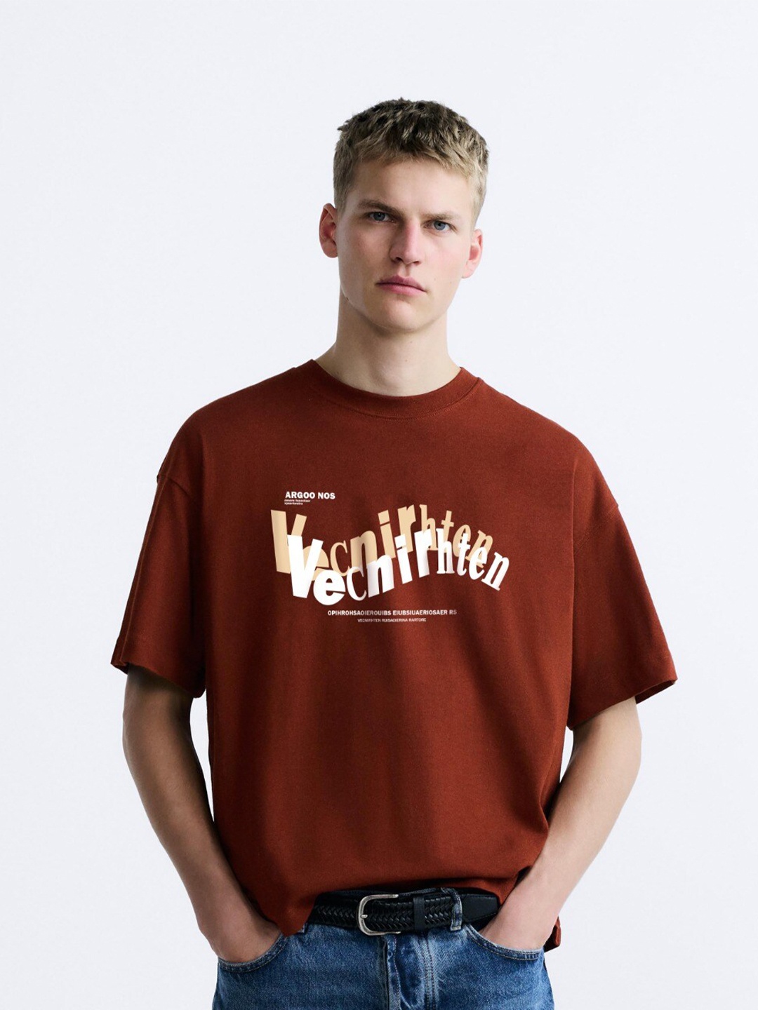 

MISCHIEF MONKEY Round Neck Printed Cotton Oversized T-shirt, Coffee brown