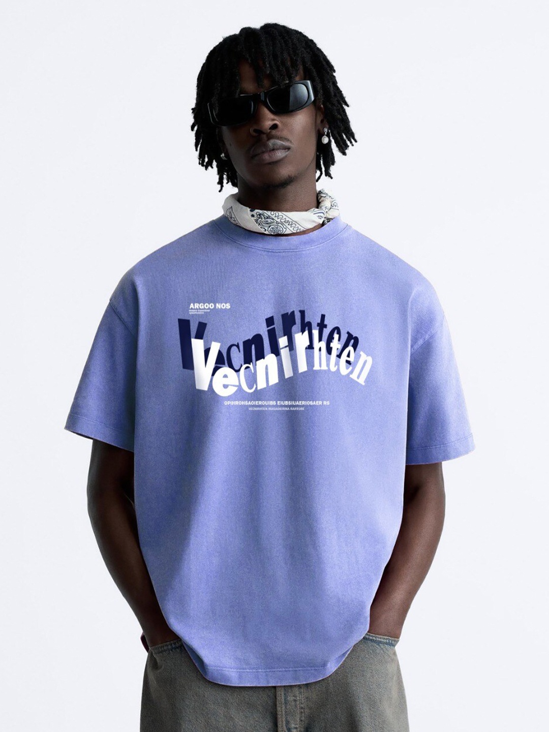 

MISCHIEF MONKEY Typography Printed Round Neck Cotton Oversized T-shirt, Lavender