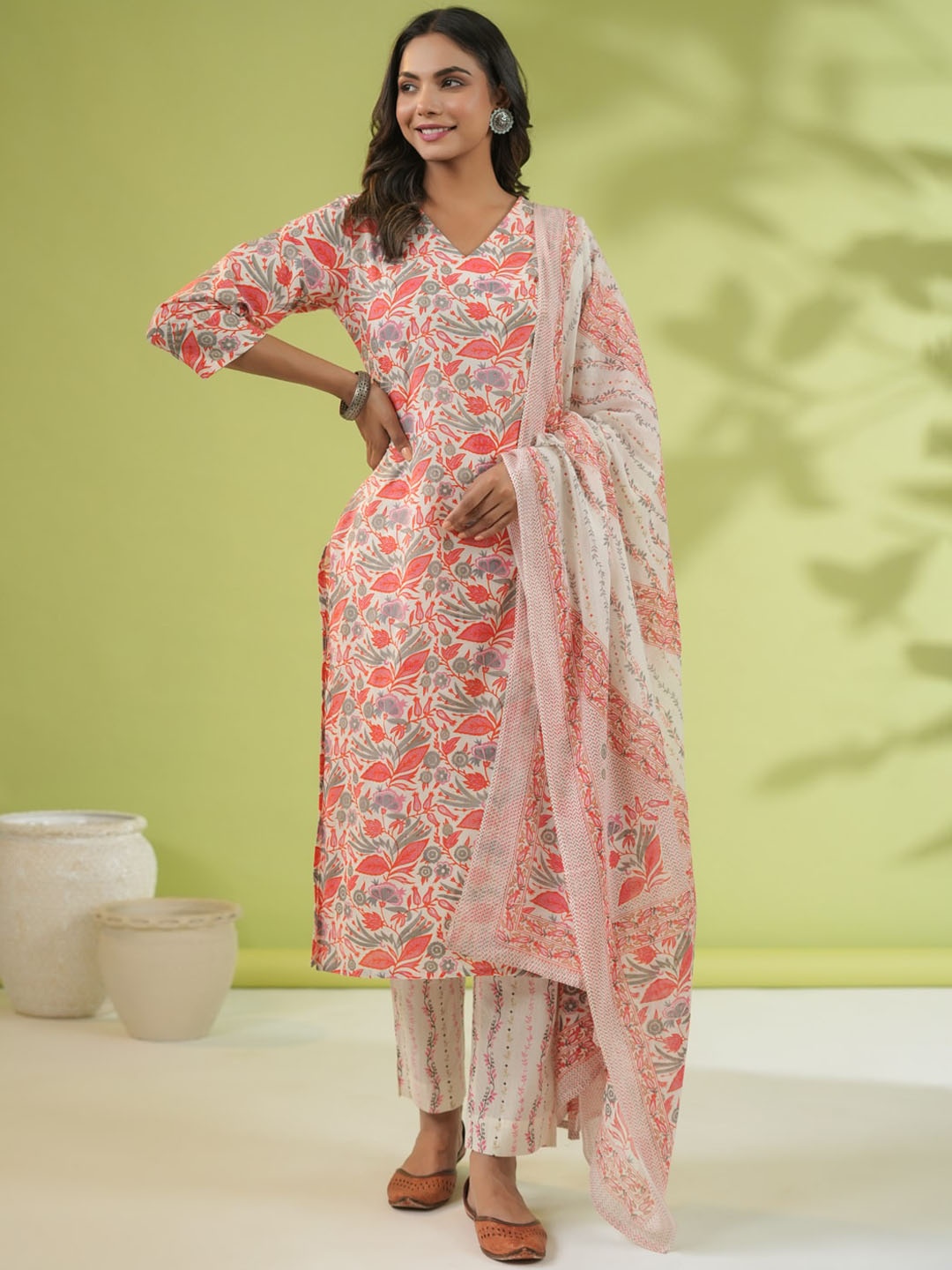 

Janasya Off White Floral Printed V-Neck Pure Cotton Straight Kurta With Trousers & Dupatta