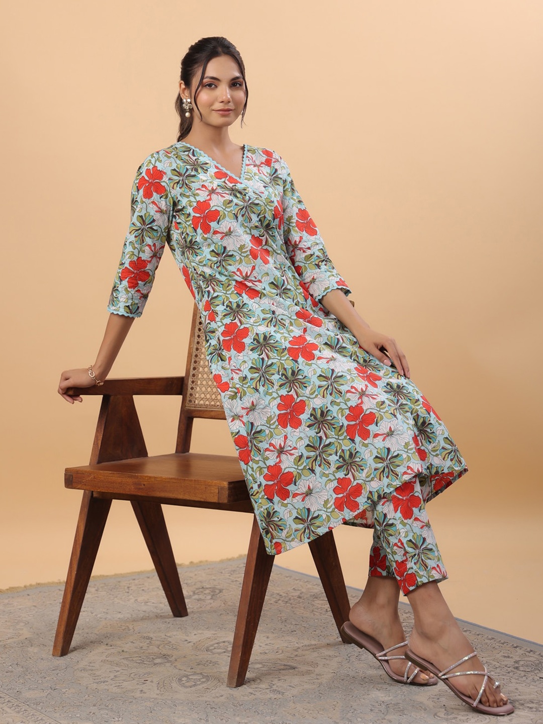 

Janasya Floral Printed Pure Cotton A-Line Kurta with Trousers, Blue