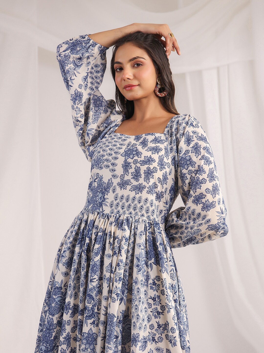 

Janasya Ethnic Motifs Printed Puff Sleeve Fit & Flare Midi Dress, Off white