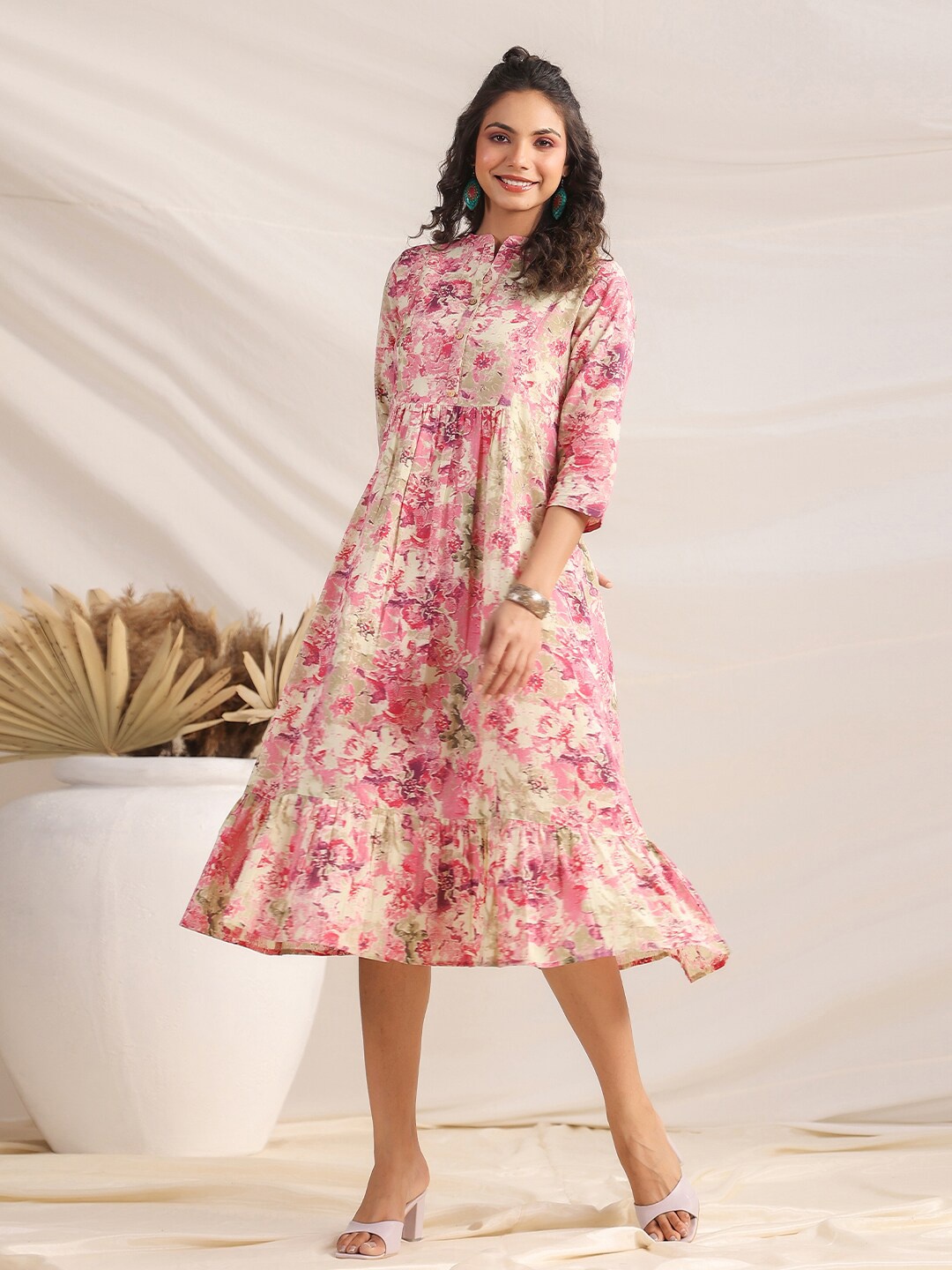 

Janasya Floral Printed Mandarin Collar Cotton A-Line Midi Dress, Pink