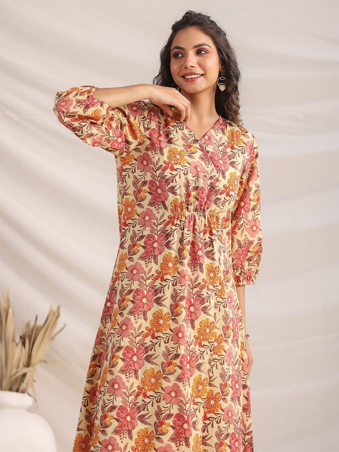 

Janasya Floral Printed V-Neck Flared Sleeve Cotton A-Line Midi Dress, Yellow