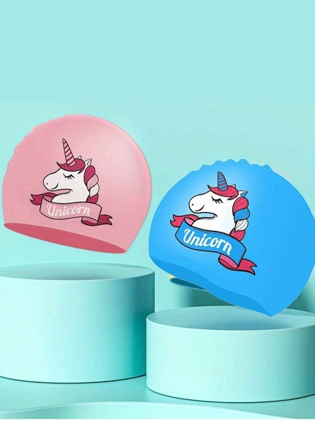 

EL REGALO Kids Pack Of 3 Unicorn Printed Non Toxic Swimming Cap, Pink