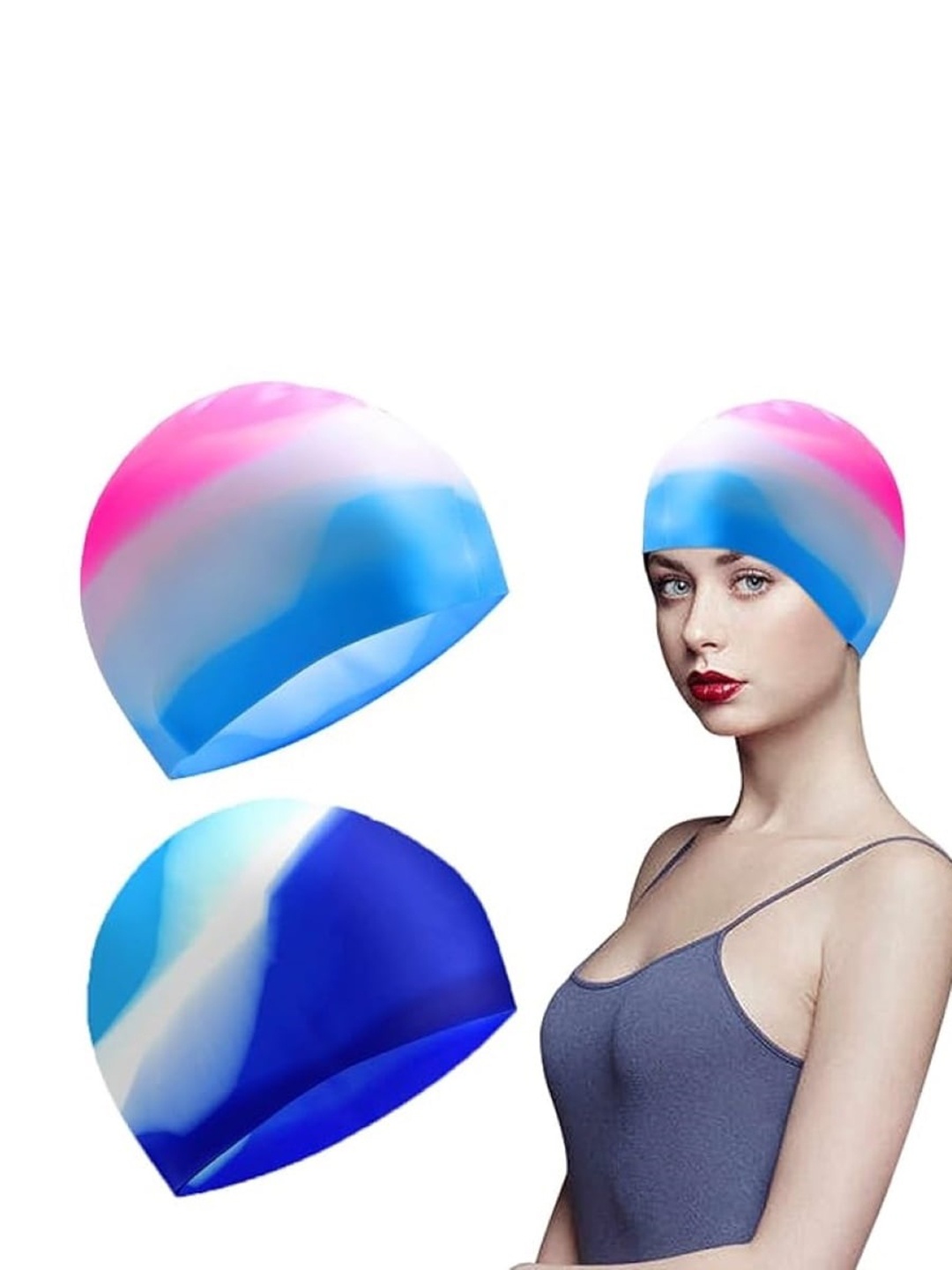 

EL REGALO Pack Of 2 Colourblocked High Elastic Swim Cap, Blue