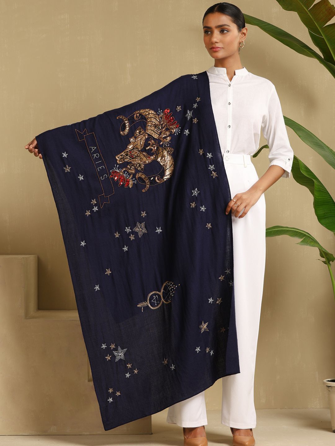 

DUSALA INDIA Aries Embroidered Woolen Stole, Navy blue