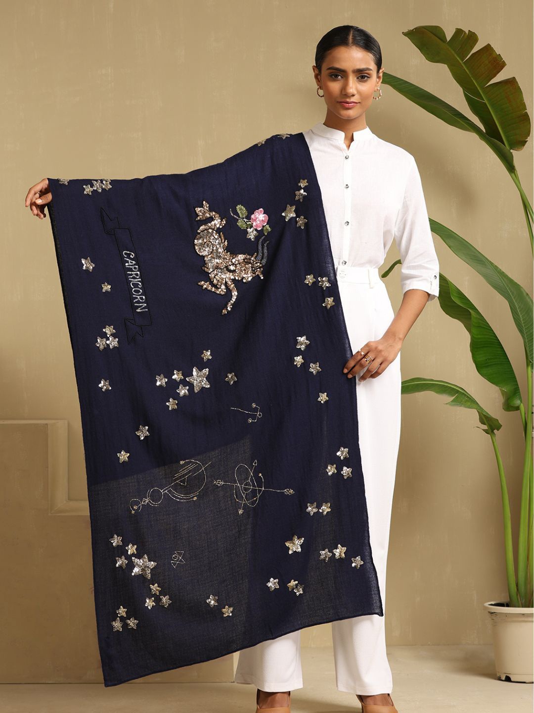 

DUSALA INDIA Capricorn Embroidered Sequinned Woolen Stole, Navy blue