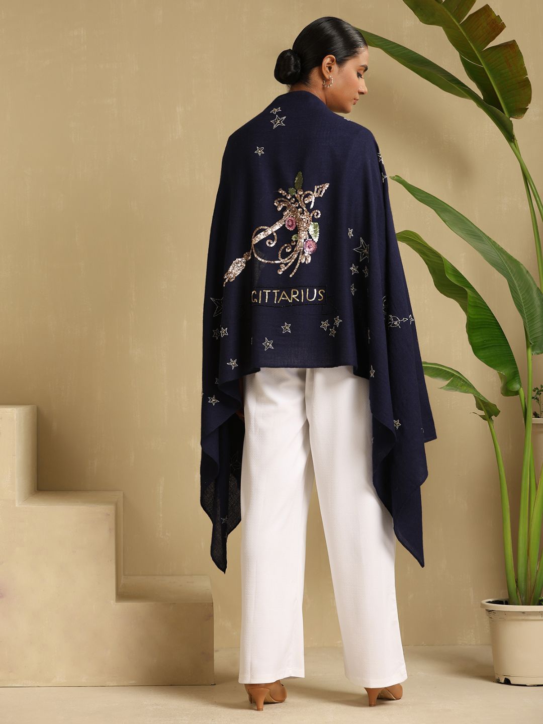 

DUSALA INDIA Sagittarius Embroidered Woolen Stole, Navy blue