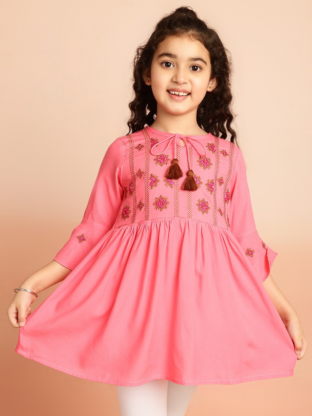 

BAESD Girls Floral Printed Embroidered Tie-Up Neck Flared Sleeves A-Line Top, Pink