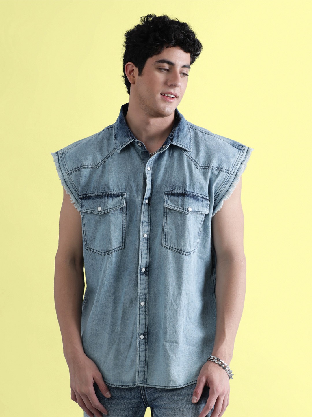 

BENE KLEED Spread Collar Oversized Pure Cotton Casual Shirt, Blue