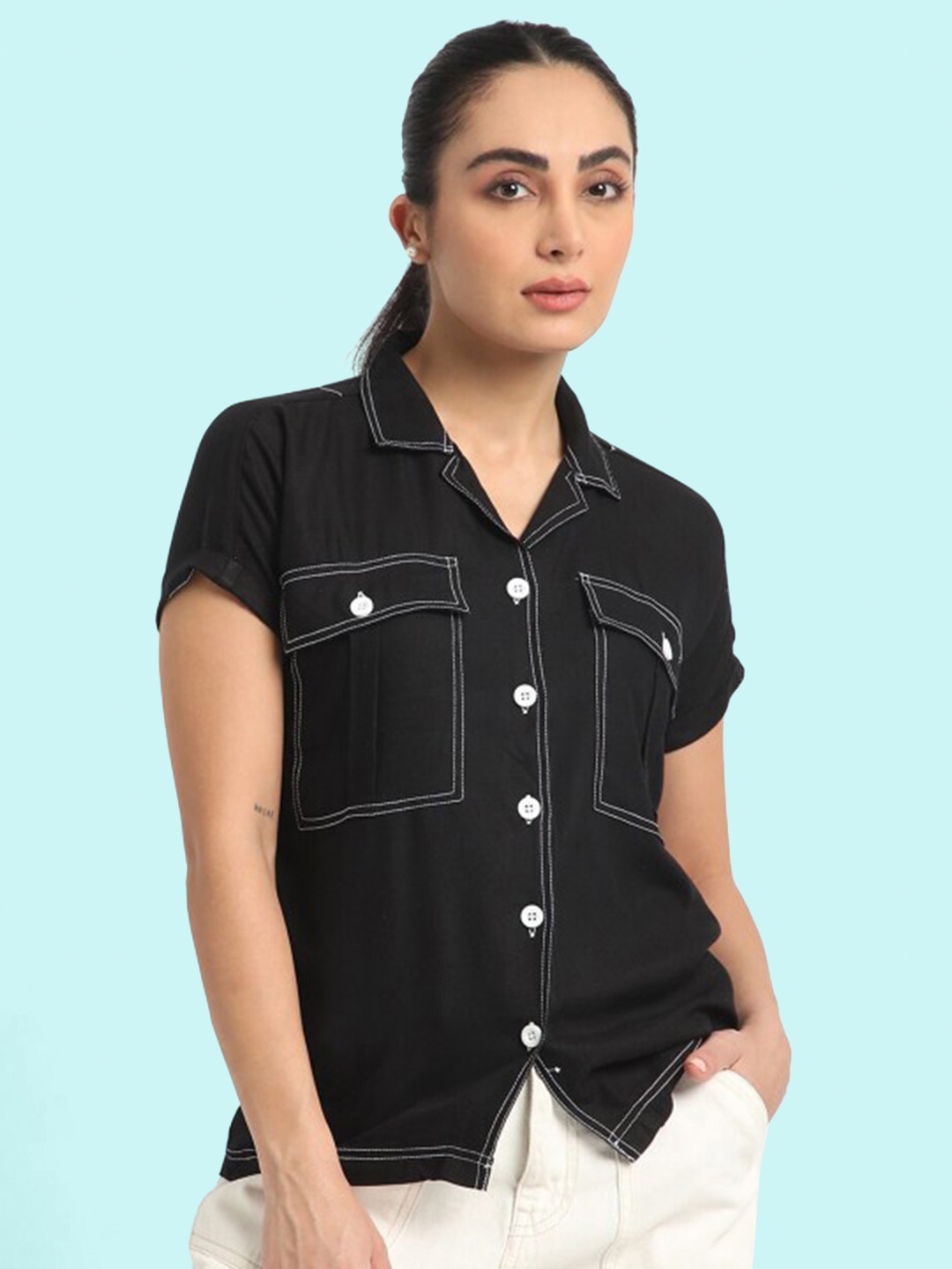 Bene Kleed Resort Contrast Stitched Casual Shirt, Black