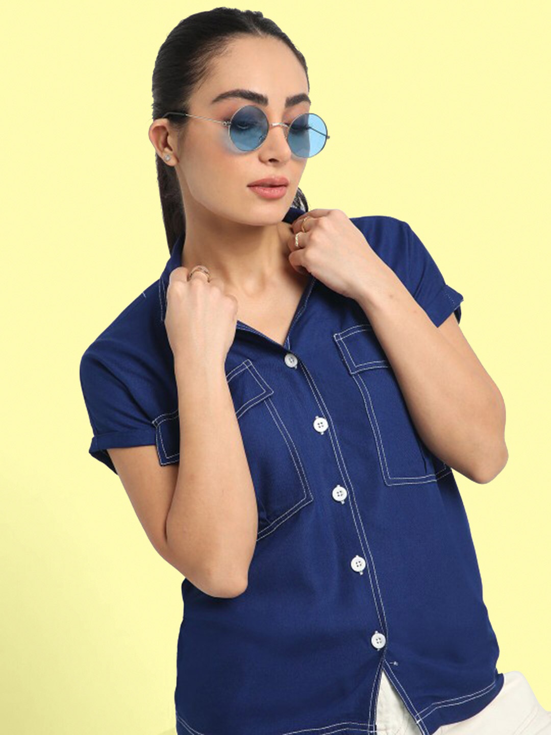 

Bene Kleed Resort Collar Contrast Stitch Casual Shirt, Blue