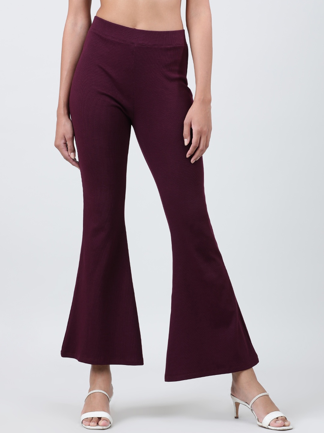 

Bene Kleed Women Skinny Fit High-Rise Cotton Bootcut Trousers, Burgundy