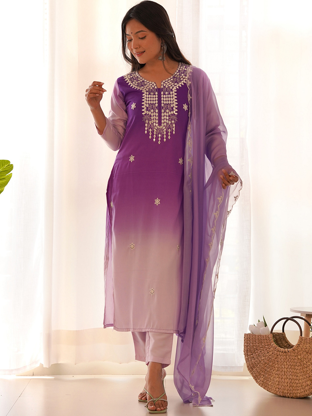 

KALINI Geometric Embroidered Notch Neck Mirror Work Straight Kurta with Trousers & Dupatta, Purple