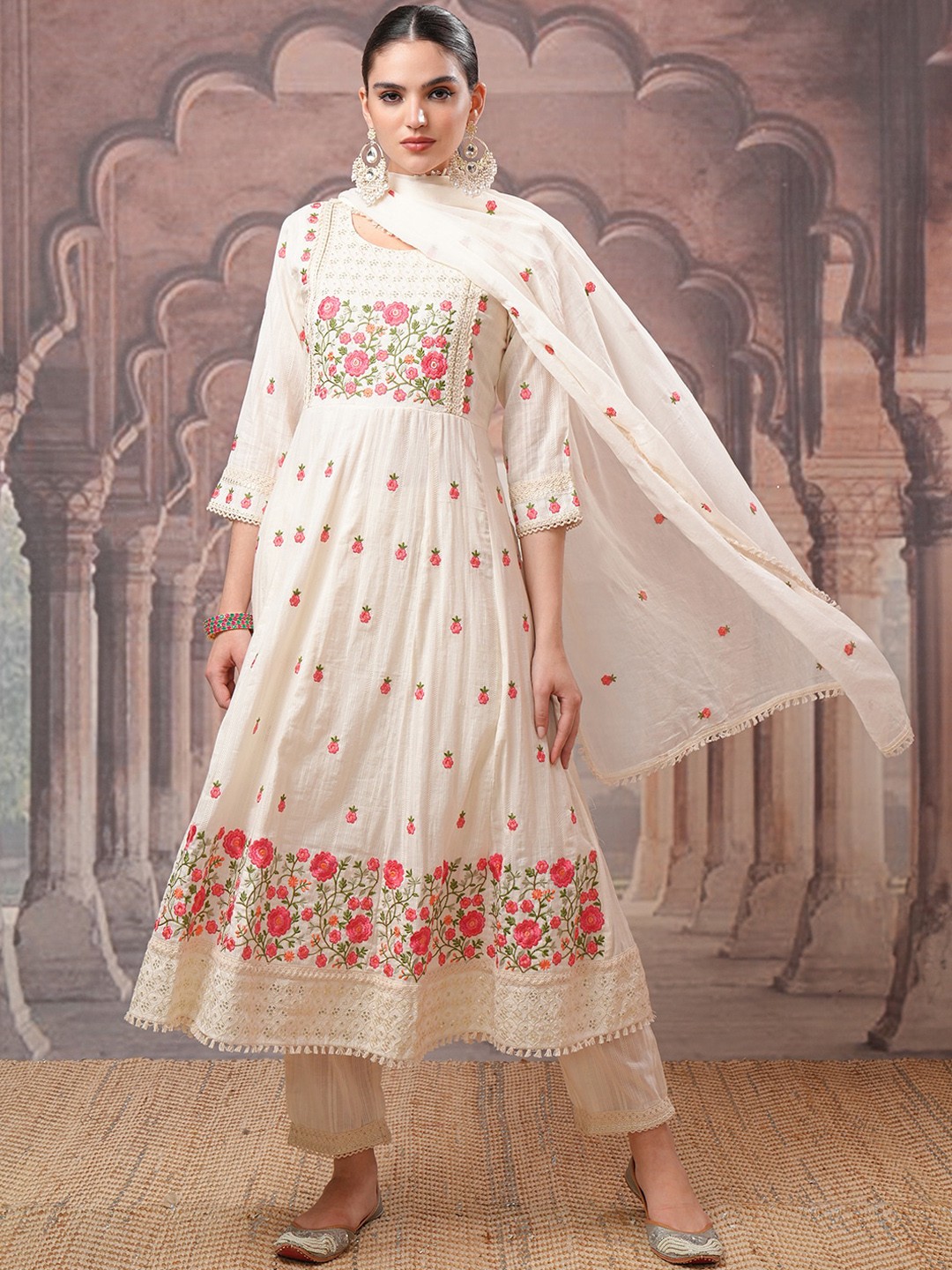 

Vishudh Embroidered Anarkali Thread Work Pure Cotton Kurta with Trousers & Dupatta, Off white