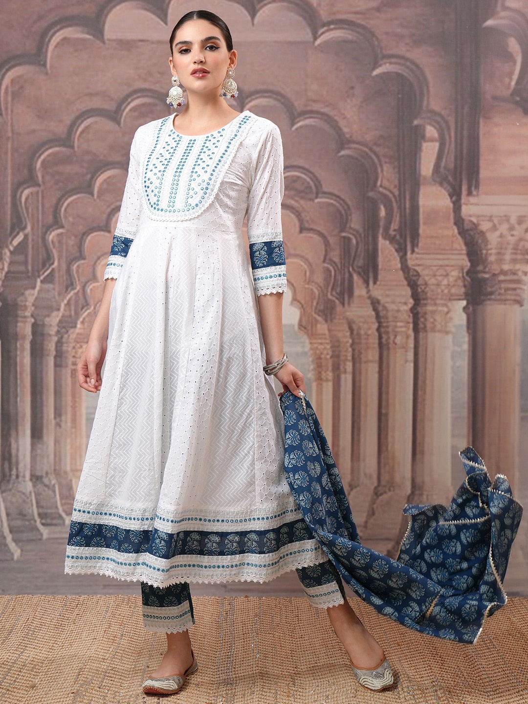 

Vishudh Embroidered Regular Thread Work Pure Cotton Kurta with Trouser & Dupatta, White