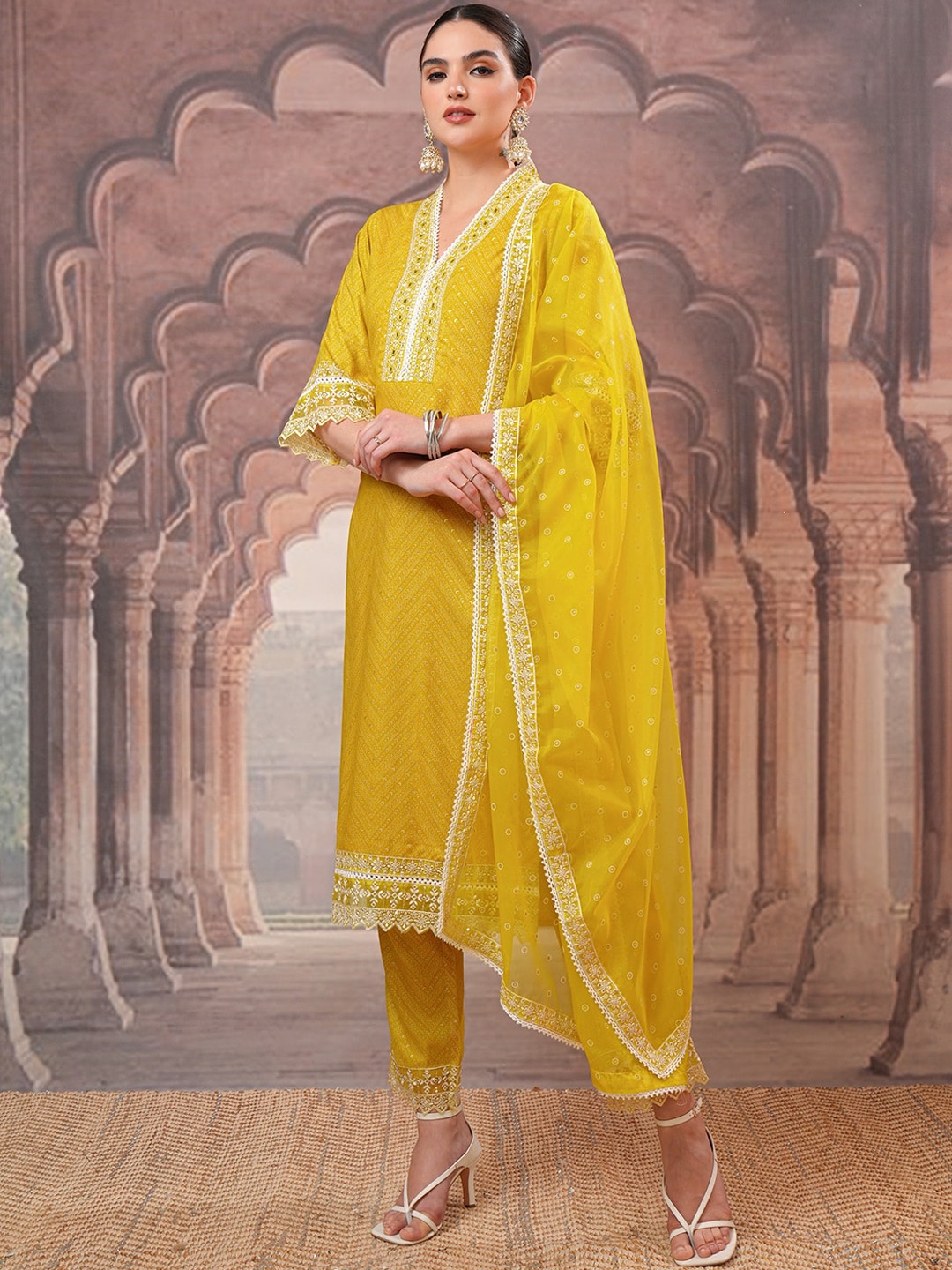 

Vishudh Mustard Yellow Floral Embroidered Straight Kurta With Trousers & Dupatta