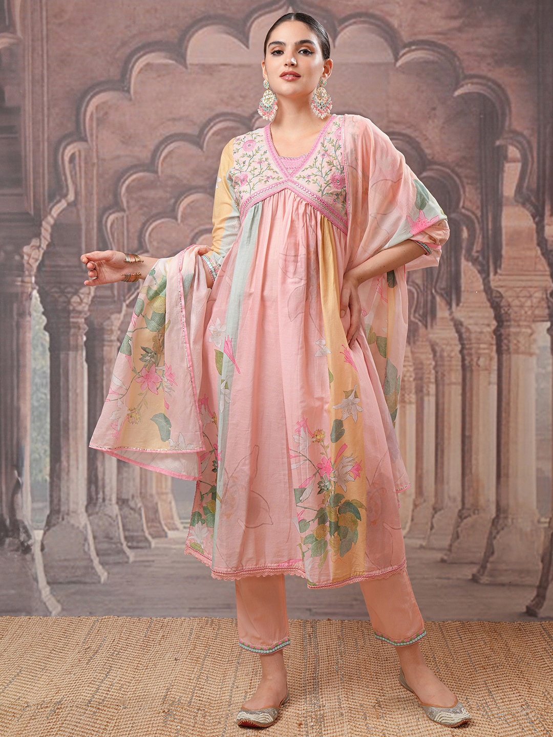 

Vishudh Floral Printed Empire Thread Work Pure Cotton Kurta with Trousers & Dupatta, Pink