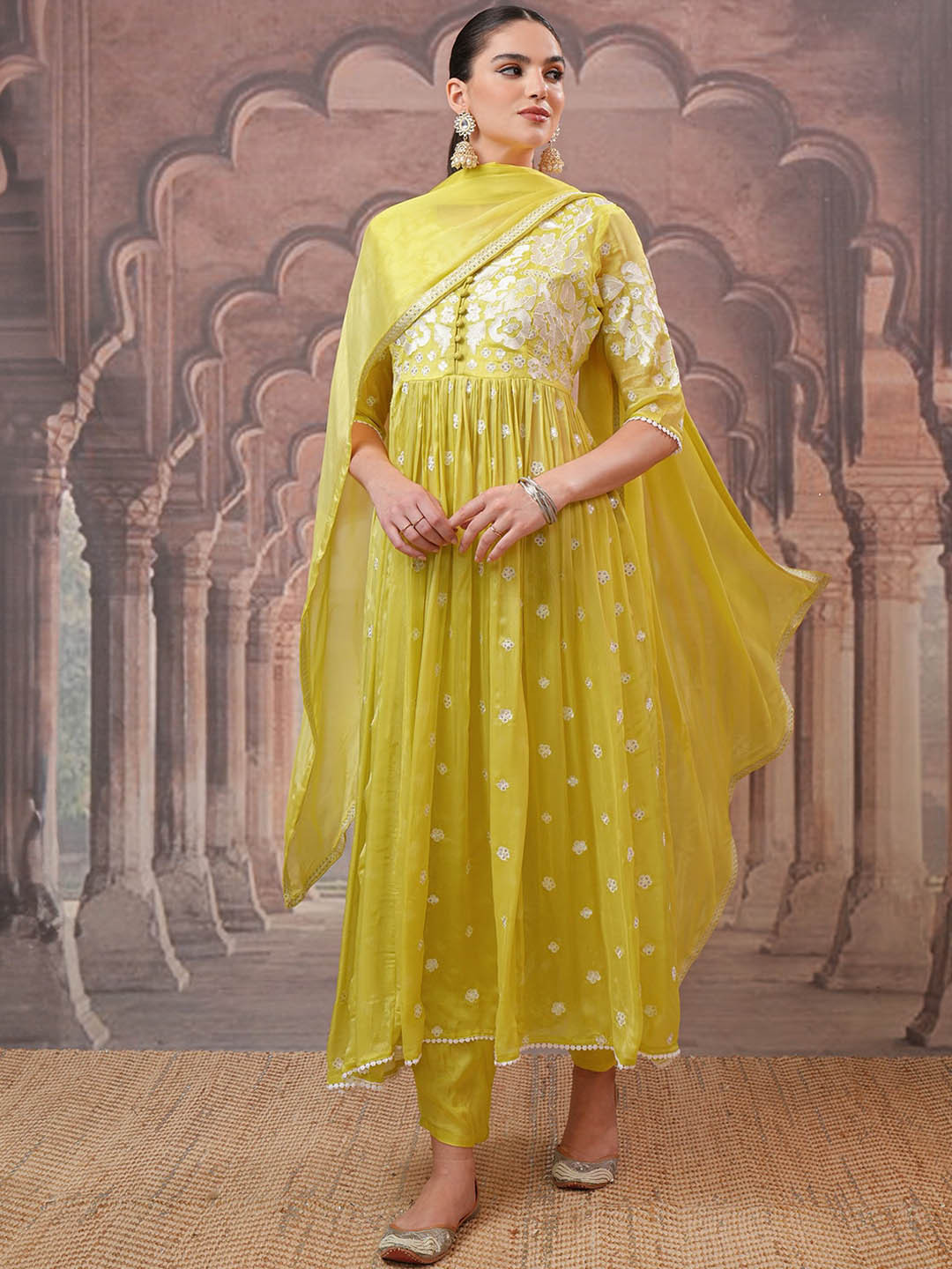 

Vishudh Embroidered Round Neck Thread Work Kurta with Trousers & With Dupatta, Yellow