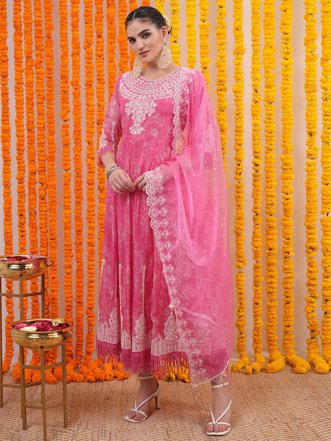 

Vishudh Pink Ethnic Motifs Embroidered Anarkali Kurta With Trousers & Dupatta