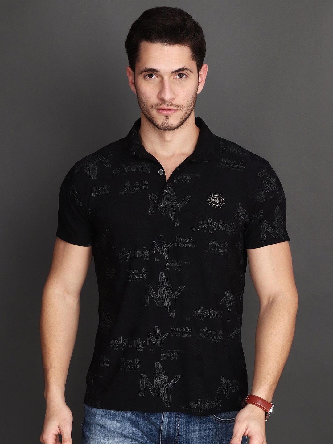 

Albion By CnM Men Printed Polo Collar Pockets T-shirt, Black