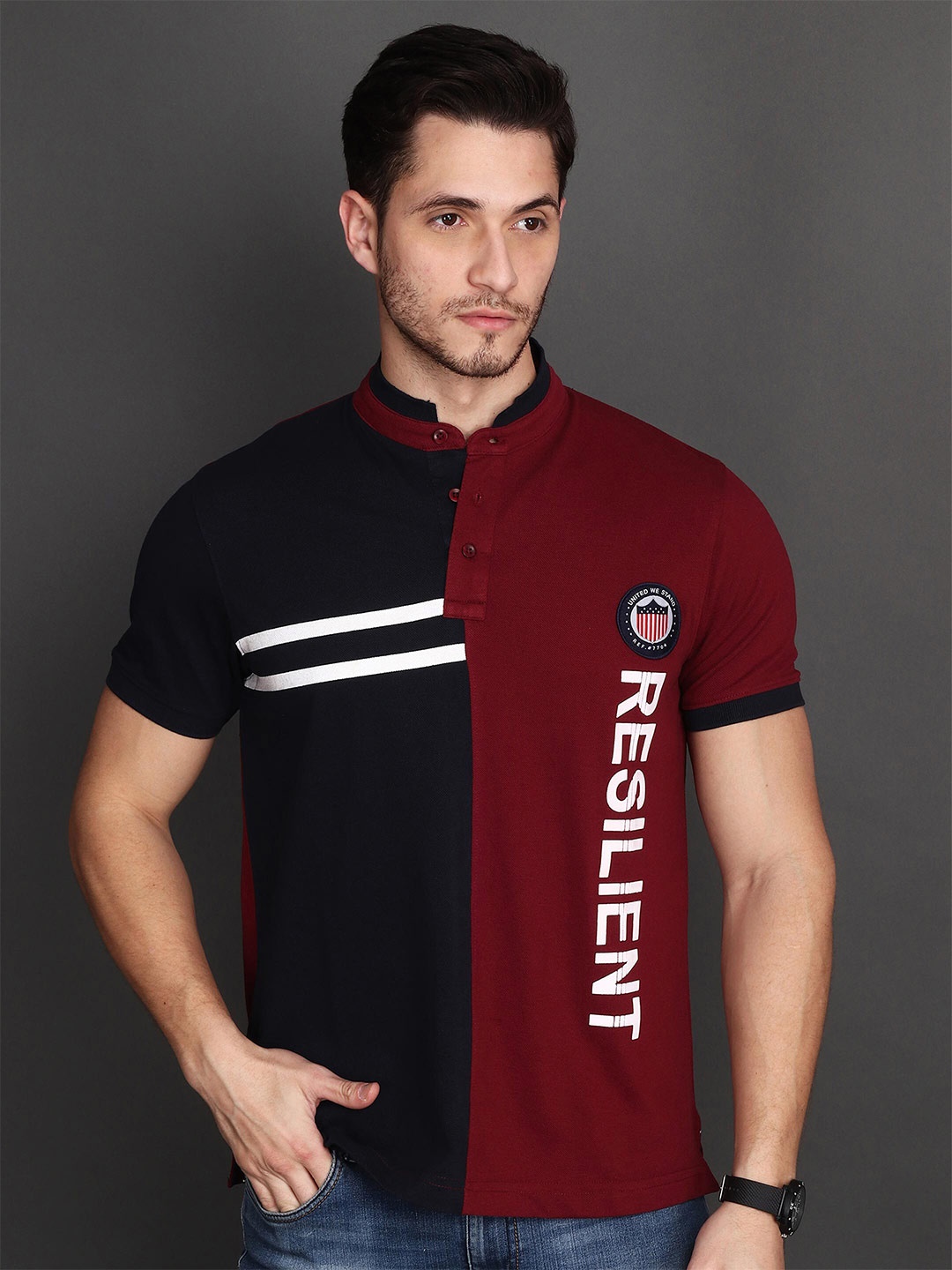 

Albion By CnM Typography Printed Mandarin Collar T-shirt, Maroon