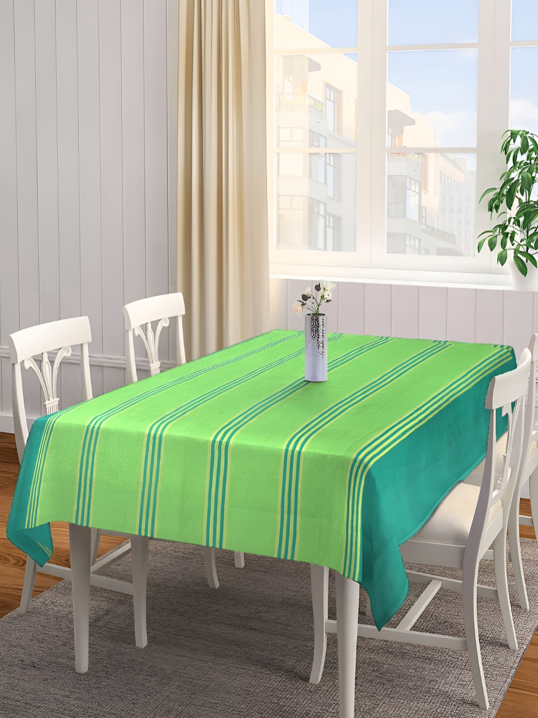 

Arrabi Green Striped Printed Cotton 8-Seater Table Cover
